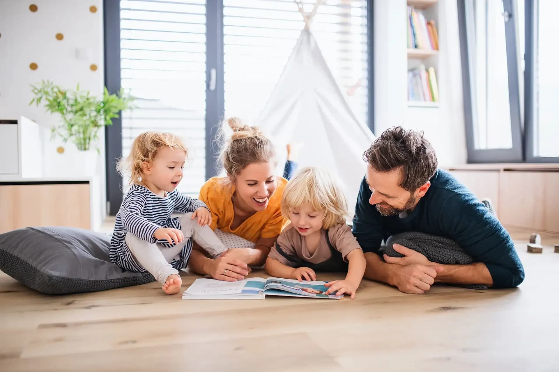 Family on hardwood floor